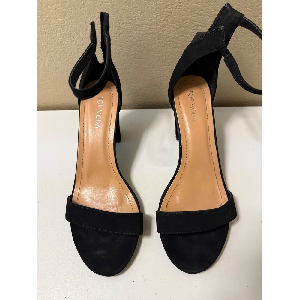 Top Moda Womens Black Faux Suede Block Heel Ankle Strap Sandals Zip Size 8.5